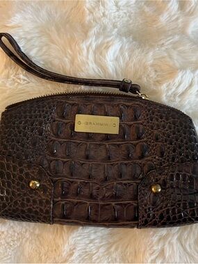 Brahmin Chocolate Brown Croc-Embossed Wristlet with Gold Plate